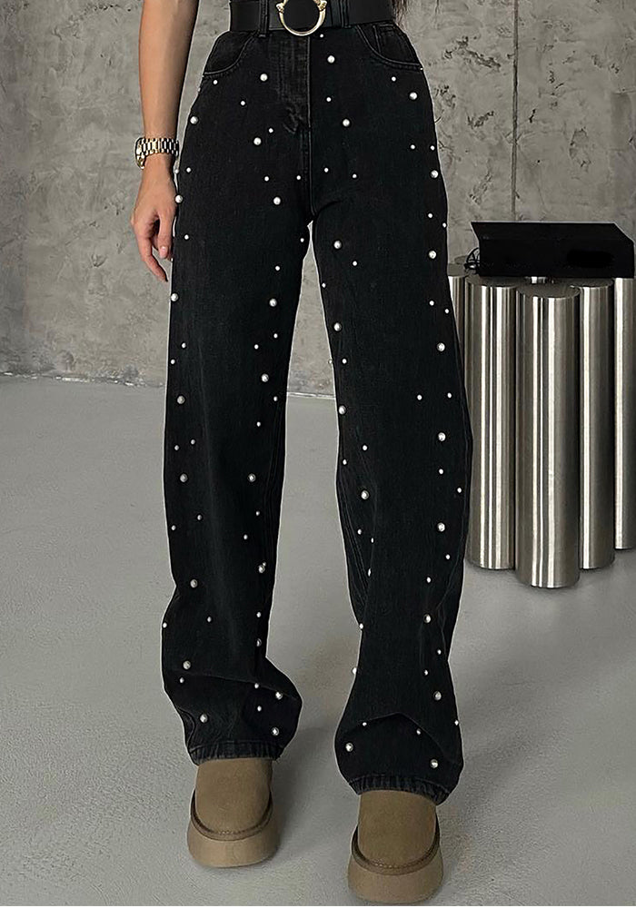 Women's Slight Stretch Beaded Casual Black Denim Straight Leg Pants