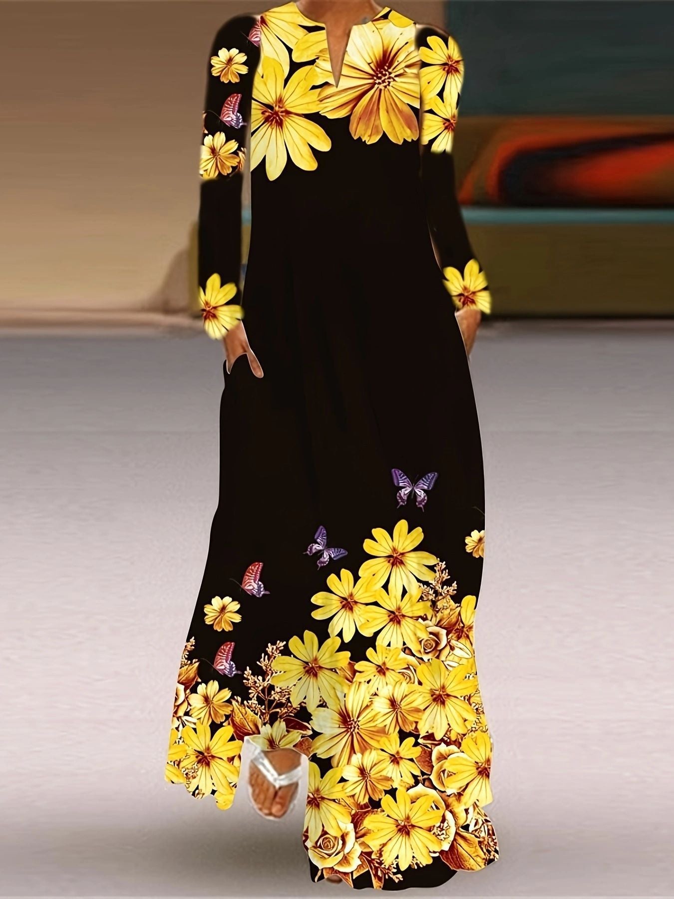 Spring Printed V-Neck Retro Floral Loose Long-Sleeved Long Dress 3