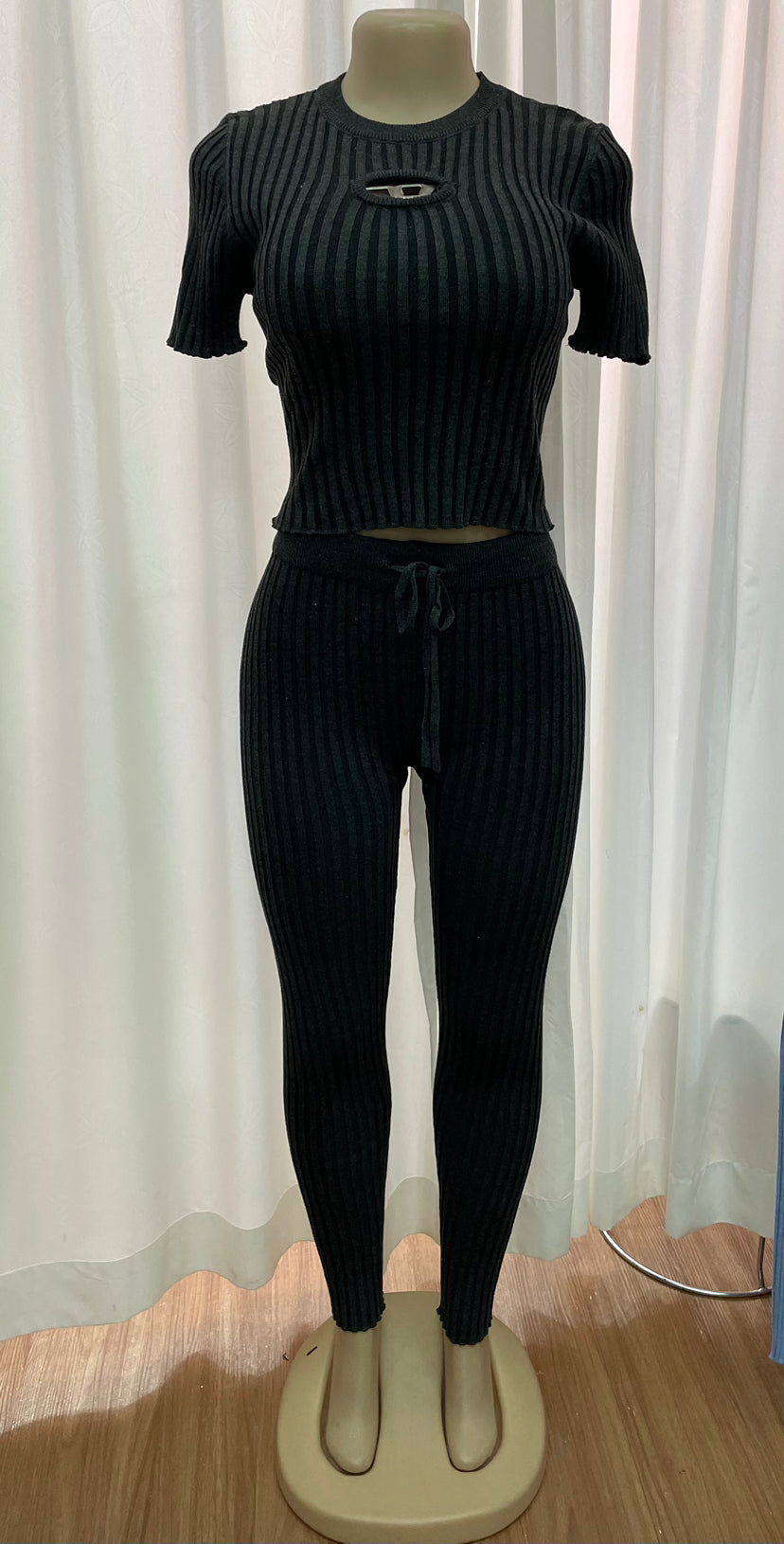 knitting hollow short sleeve High Waist Slim two piece Pants Set