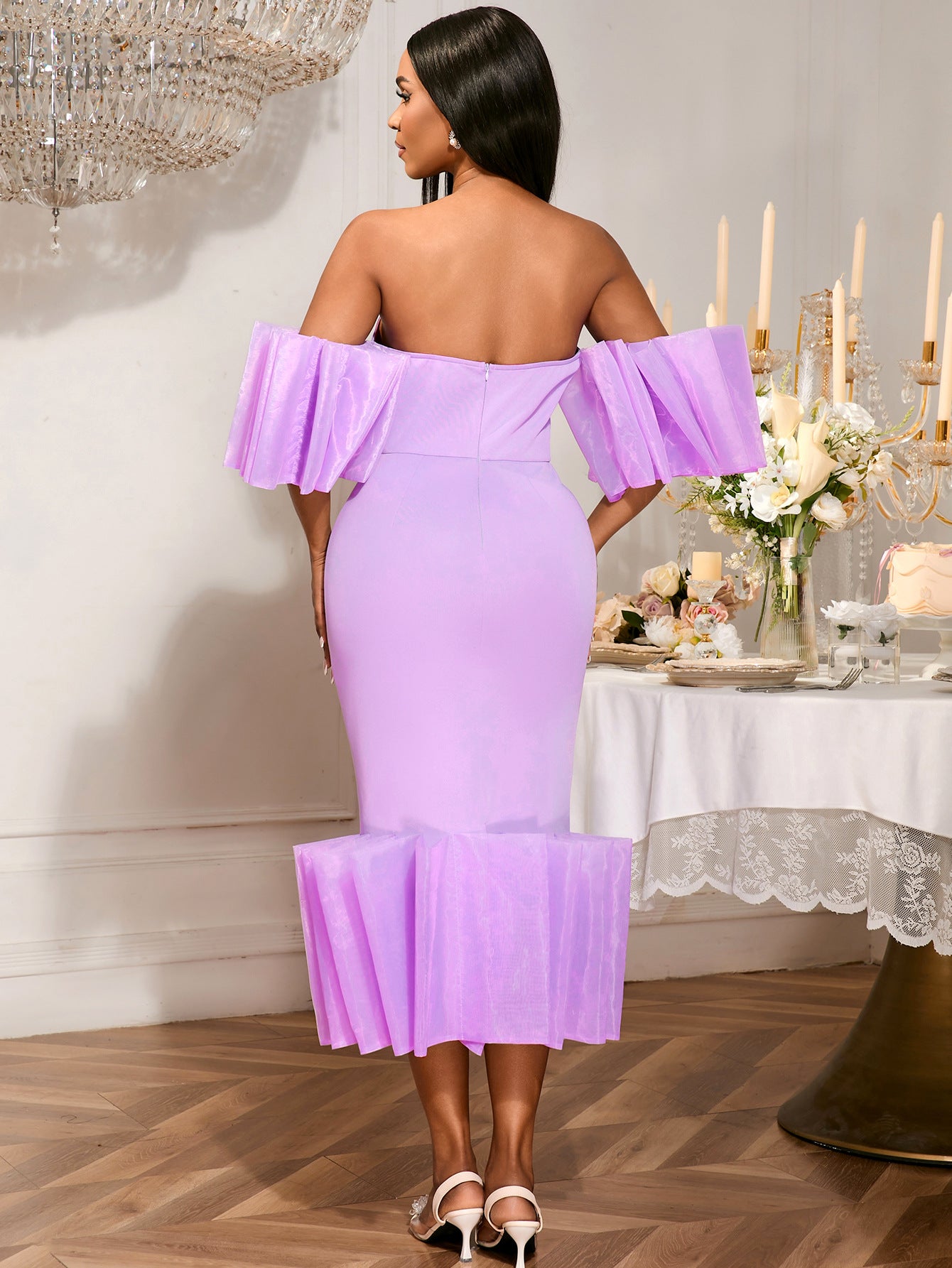 Sexy Off Shoulder Purple Dress Ruffle Party Evening Gown 3