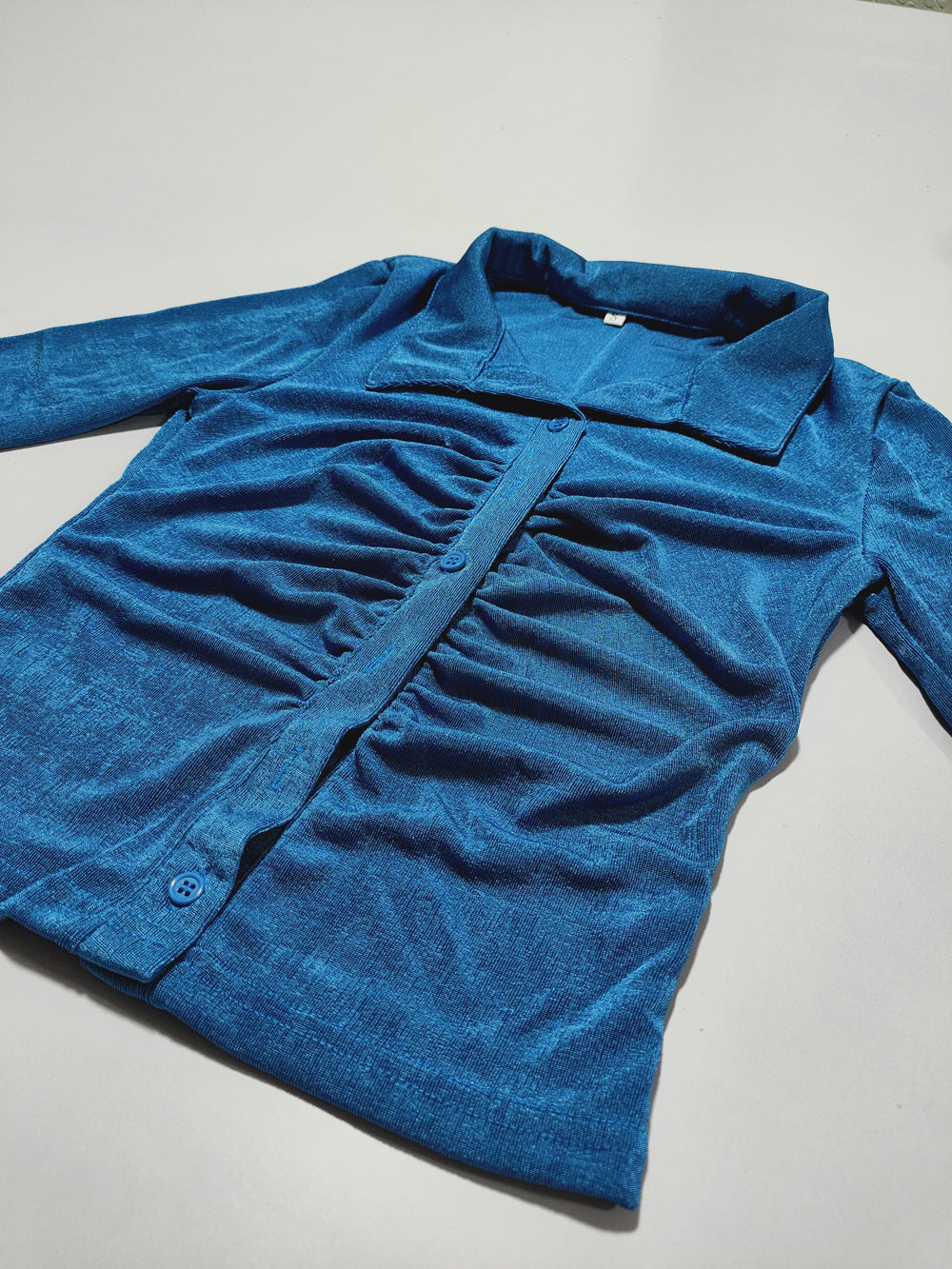 Women Sexy Pleated Turndown Collar Long Sleeve Shirt 30