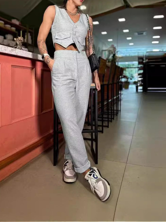 Women's Chic Elegant Solid Color Crop Top High Waist Pants Two-Piece Set 5
