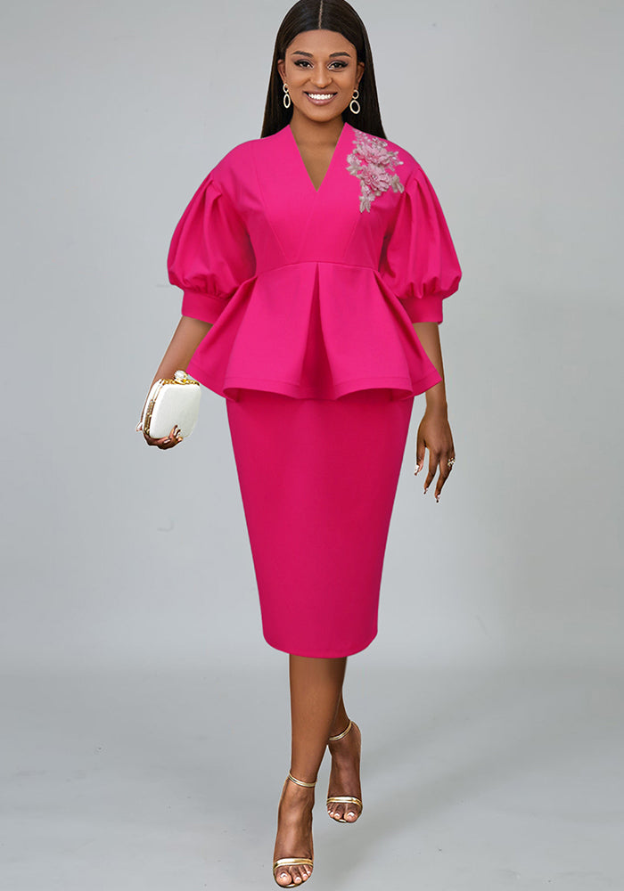 Women V-neck Lantern Sleeve Embroidered Dress