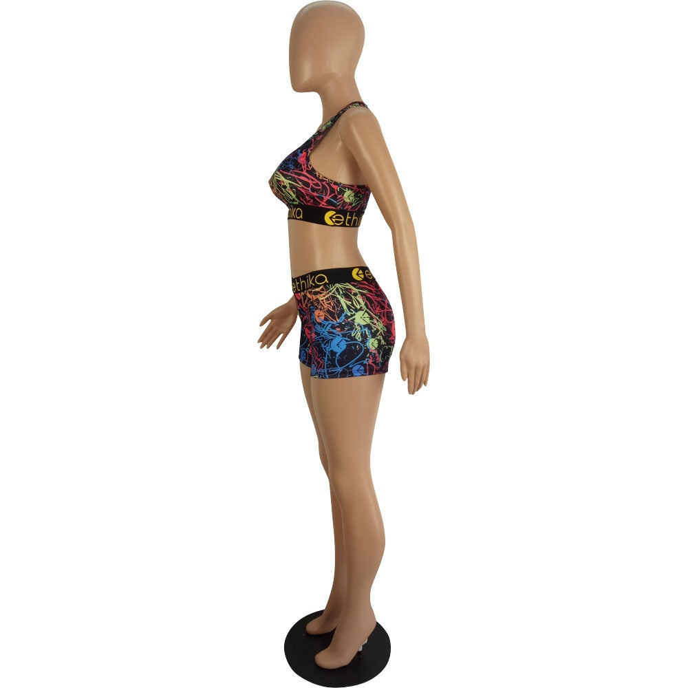 Women's Spring/Summer Slim Style Printed Sports Two-Piece Shorts Set 18
