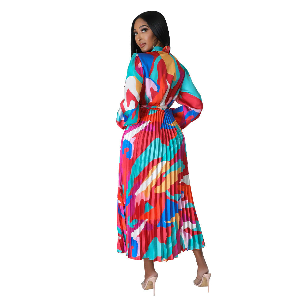 Women's Tie Long Sleeve Printed Pleated Dress 52