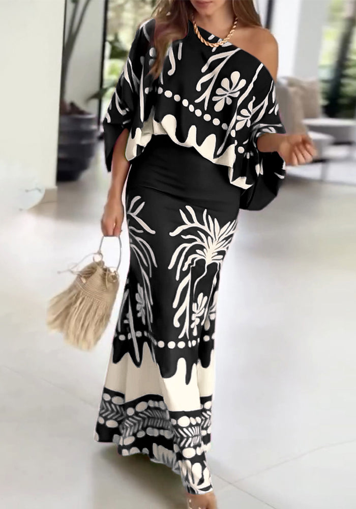 Women Printed Lantern Sleeve Top and Fishtail Skirt Two-Piece Set