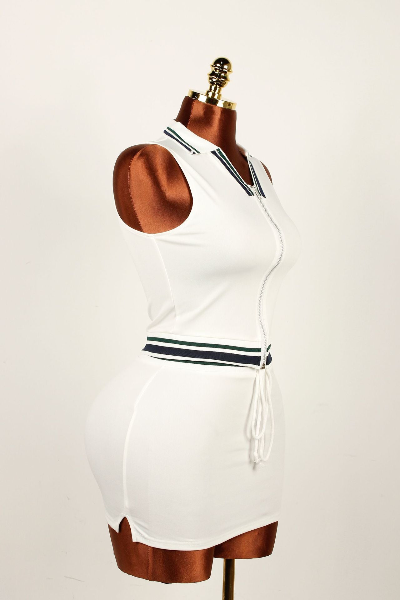 Women Sporty Casual Shirt-Neck Solid Top and Ribbed Skirt Two-Piece Set 6