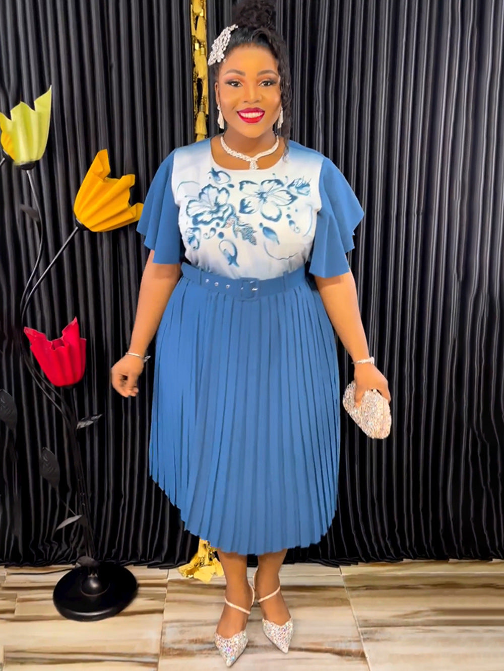 African Women's Printed Mother Of The Bride Dress Plus Size Pleated Dress With Belt 10