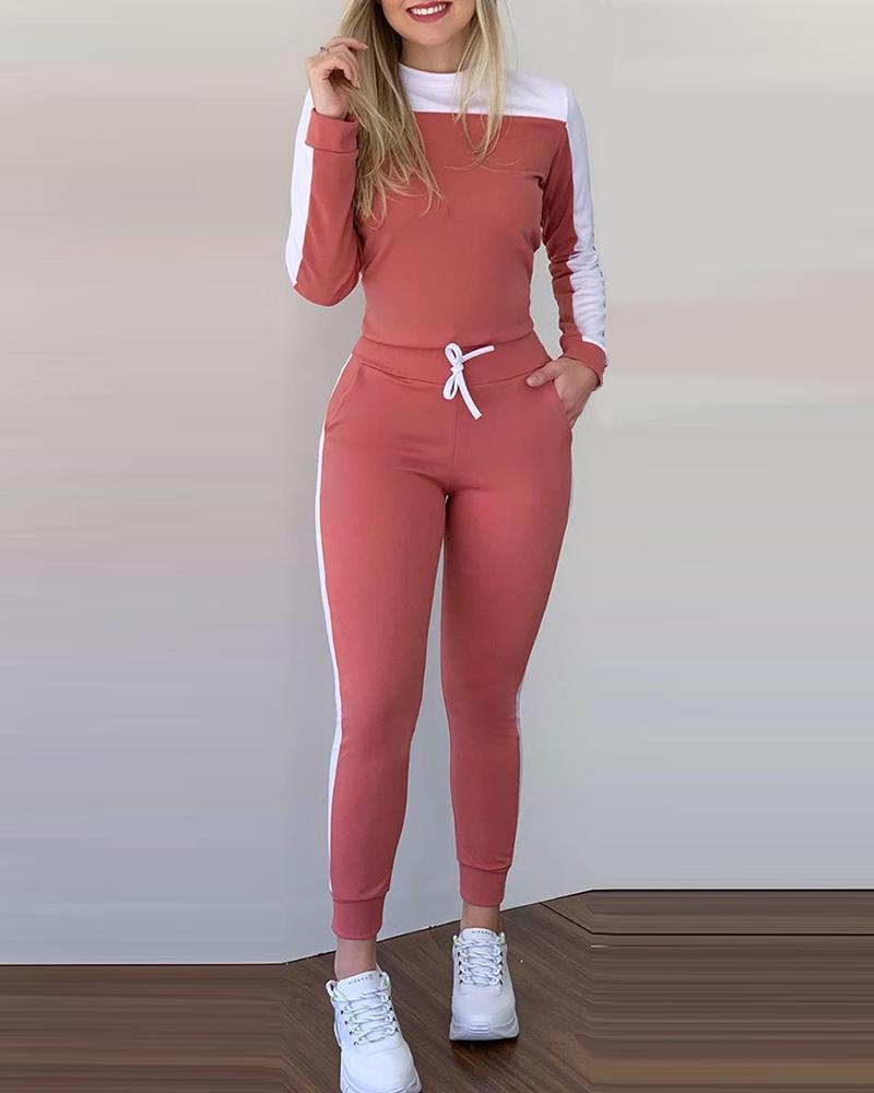 Women Sports Colorblock Long Sleeve Top and Pants Casual Two-piece Set 3