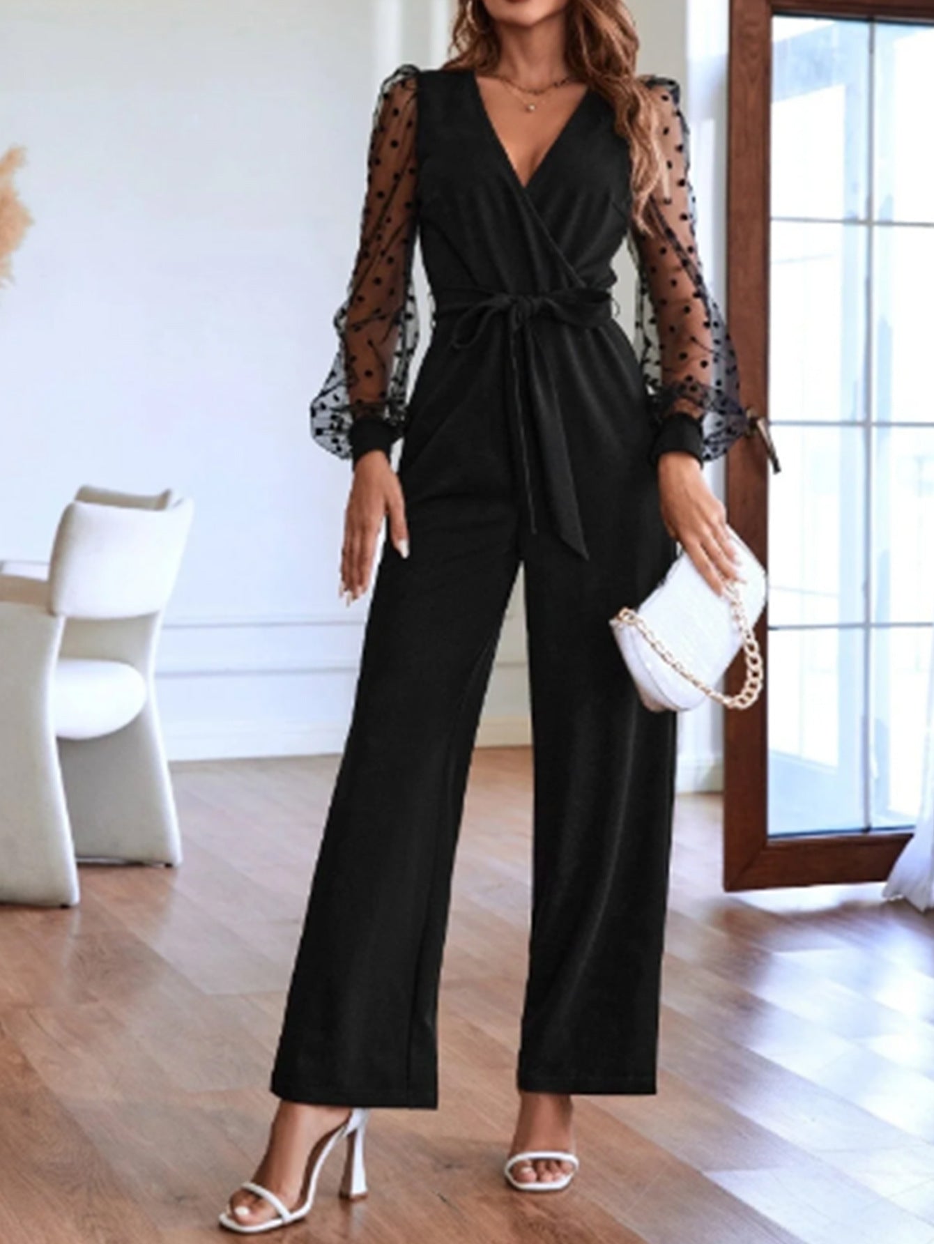 Fashion V-Neck Lace Long-Sleeved  Belt Straight Leg Jumpsuit Elegant Women's Clothing 6