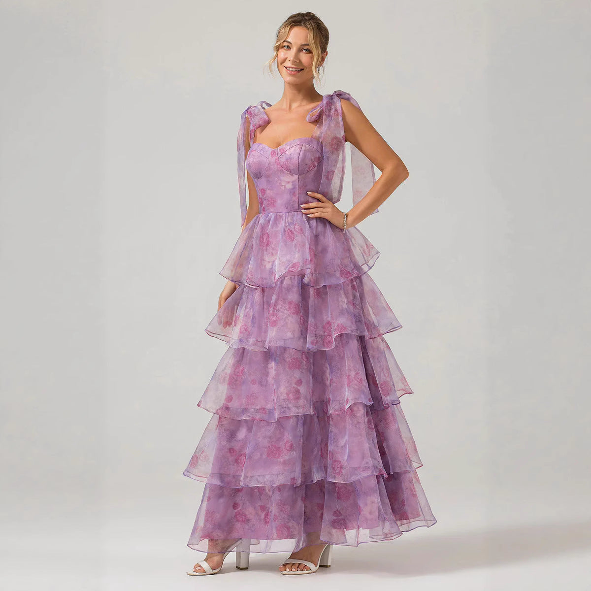 Women Spring/Summer Sleeveless Floral Strappy Off-The-Shoulder Tie-Drape Dress 3