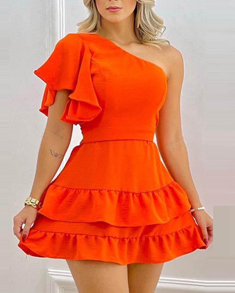 Solid One-Shoulder Ruffled Patchwork Slim Waist Dress