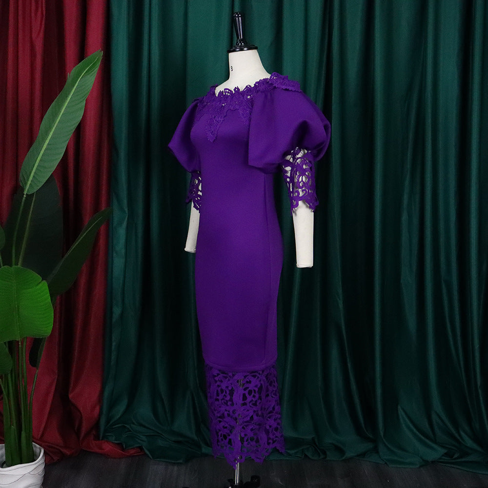 Off Shoulder Off Shoulder Bodycon Lace Patchwork Balloon Sleeve Gown Dress 25