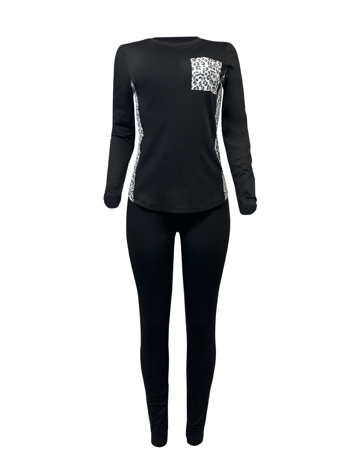 Women Leopard Patchwork Casual Round Neck Top and Pants Two-piece Set 27