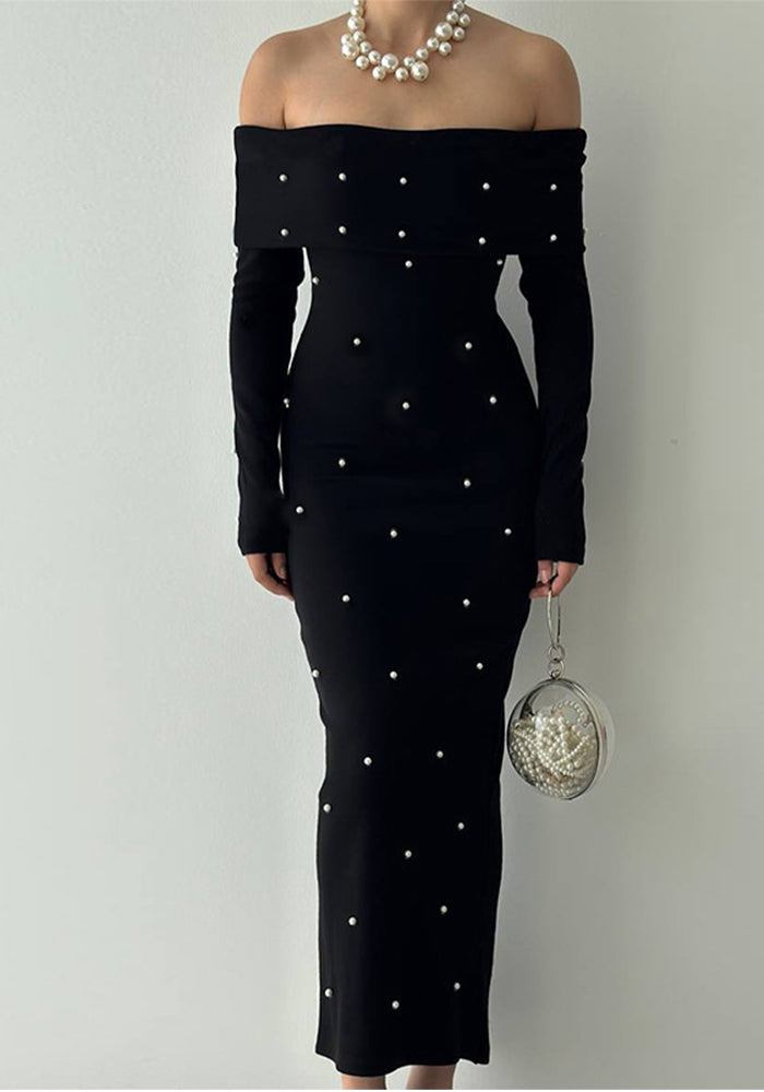 Beaded Off-Shoulder Dress Autumn Chic Slim Evening Gown