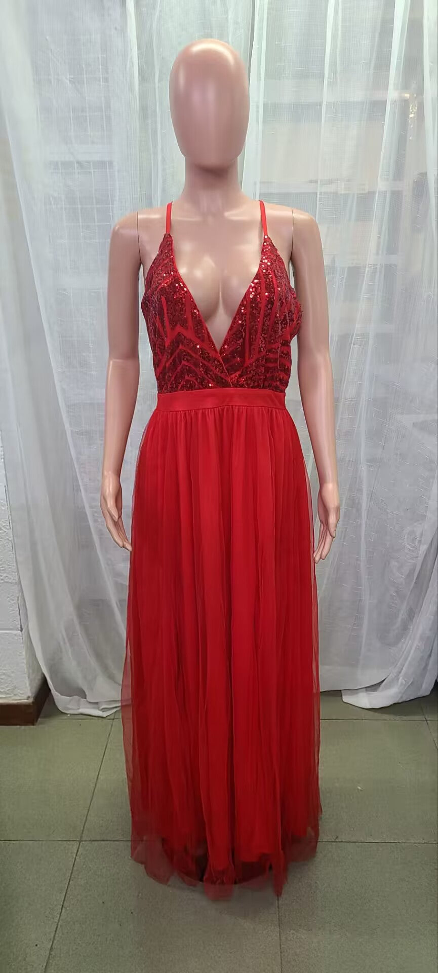 Women Clothes Summer Solid Sexy Strap Sequins Backless Slit Evening Dress 29