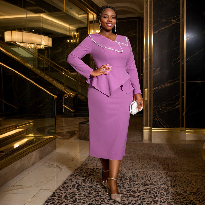 Chic Purple Ruffle Pearl Long-Sleeved Midi Dress