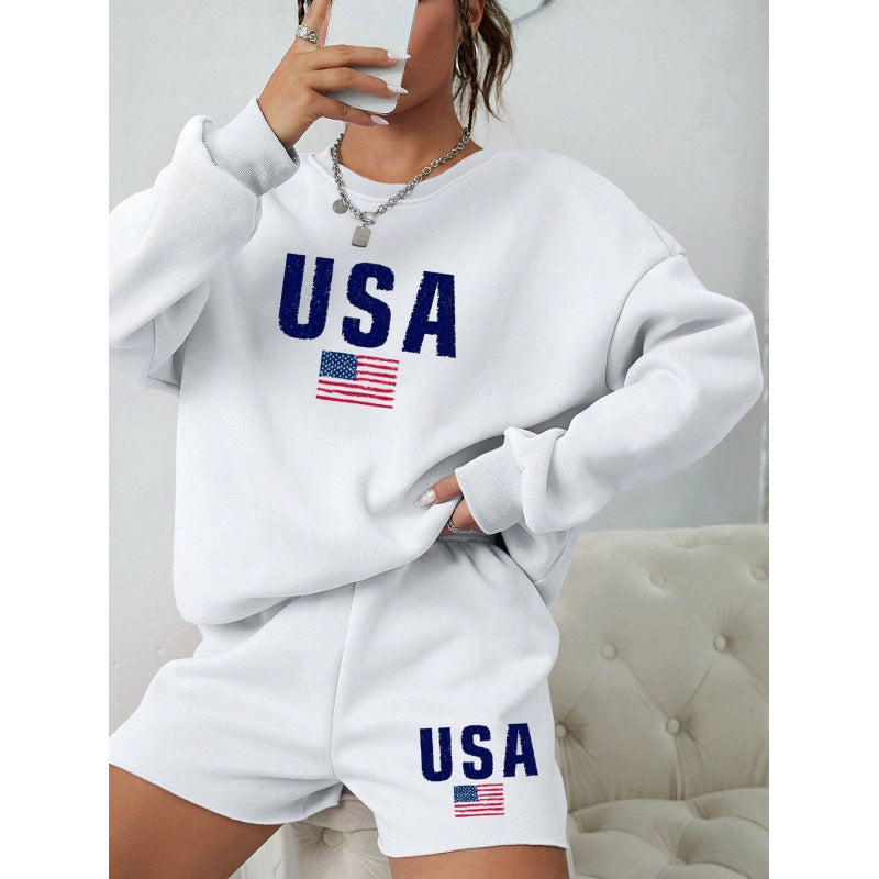 Women Round Neck Long Sleeve Top and Shorts Casual Two-piece Set 8