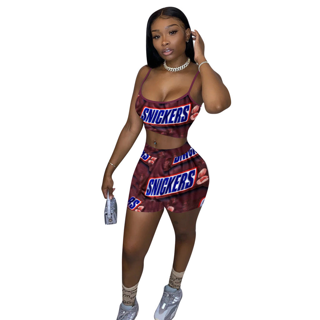 Women Nostalgic Letter Printed Tank Top Shorts Sports Two-piece Set 10