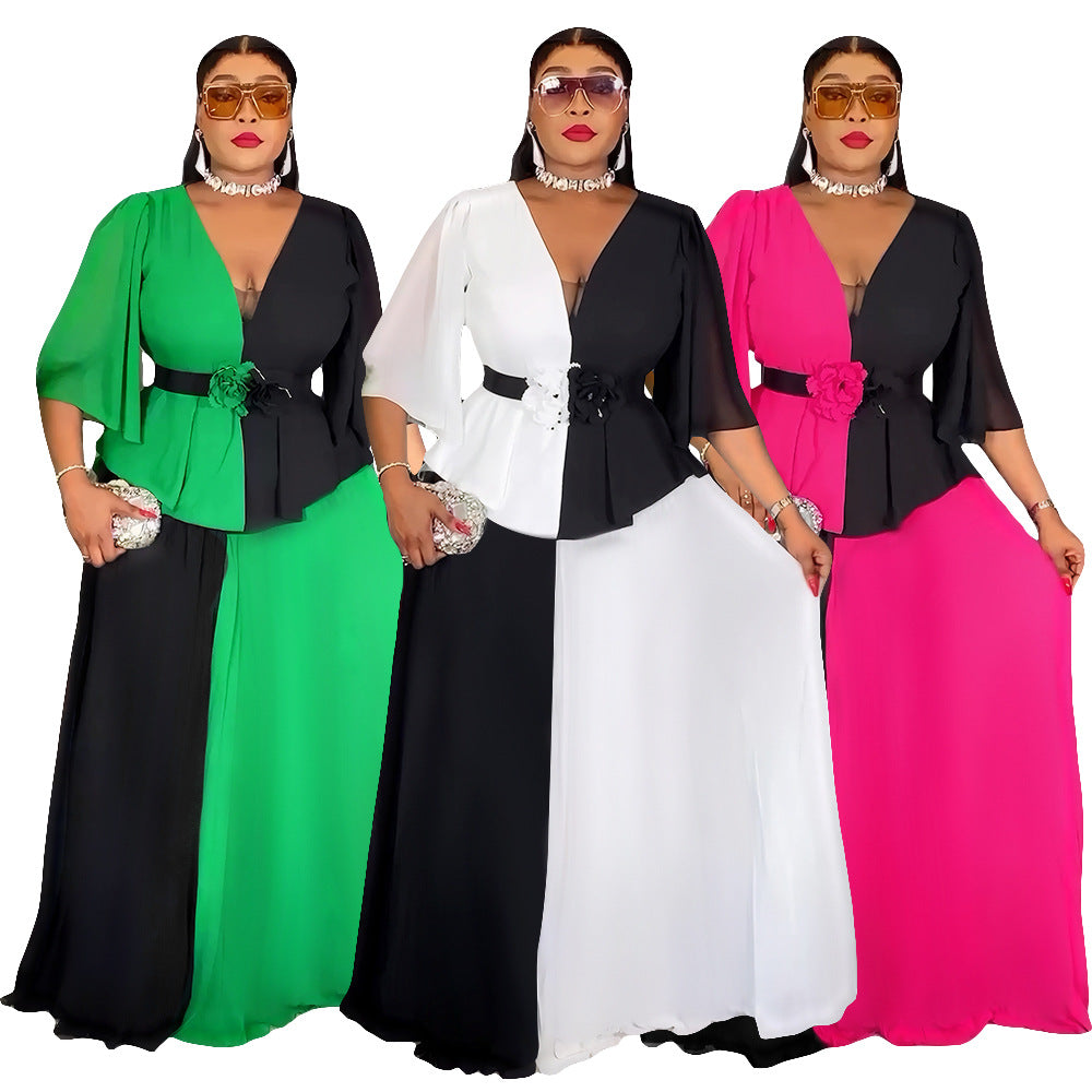 African Women's Elegant Plus Size Chiffon Patchwork Contrast Long Dress 5