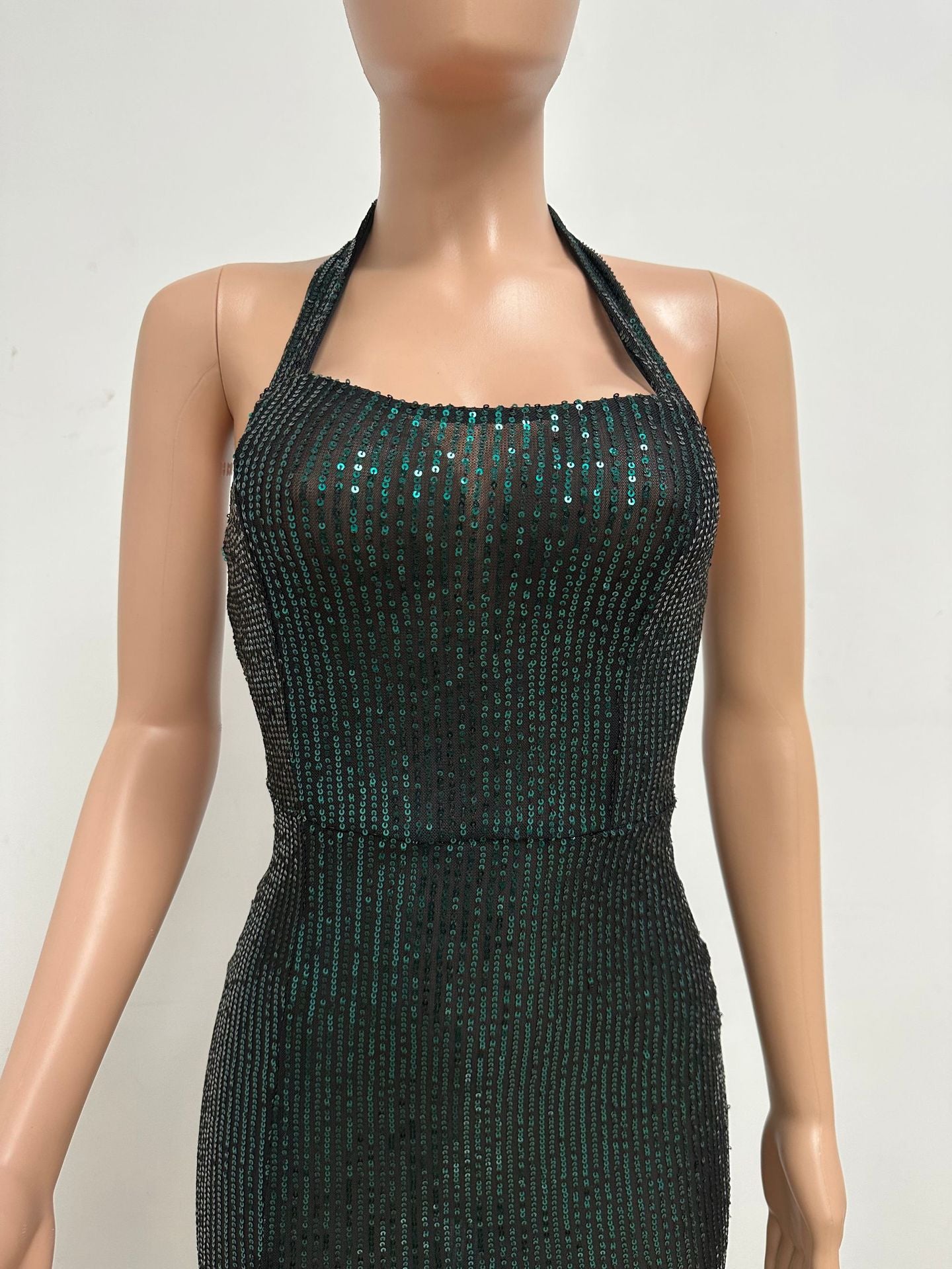 Women Sleeveless Halter Neck Backless Sequin Slit Evening Dress 53