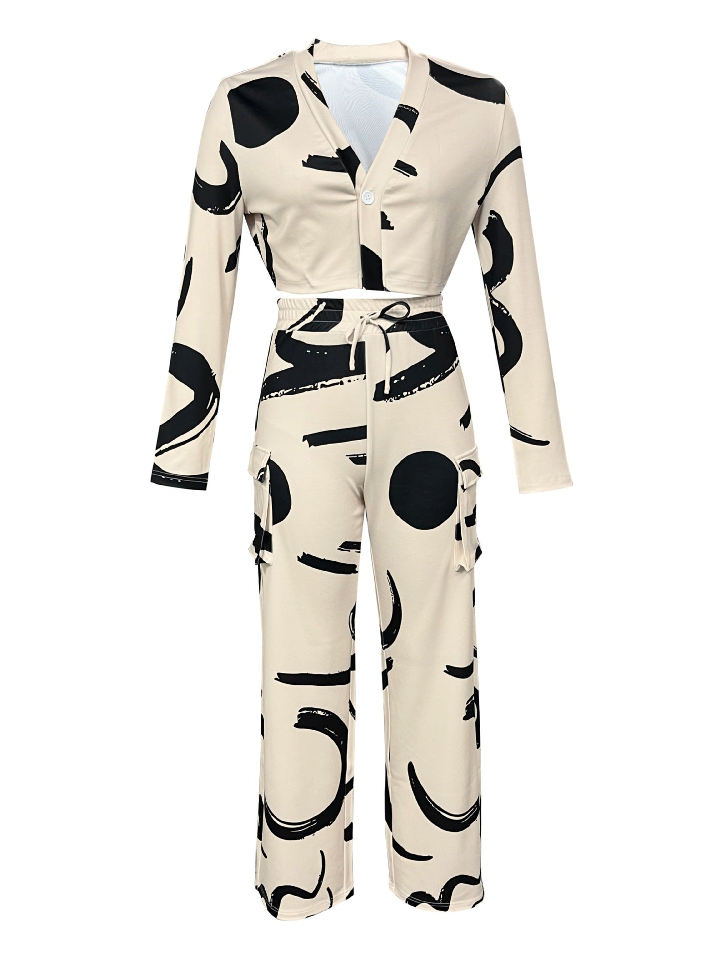 Women Autumn and Winter Geometric Line Print Casual Sexy Short Top and Pant Two-piece Set 9