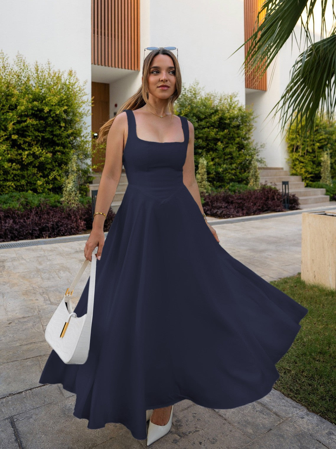 Spring Summer Square Neck Sleeveless Slim Waist Strap Dress 5