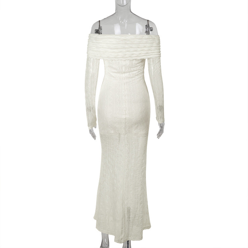 Women metal buckle Off Shoulder long-sleeved dress 7