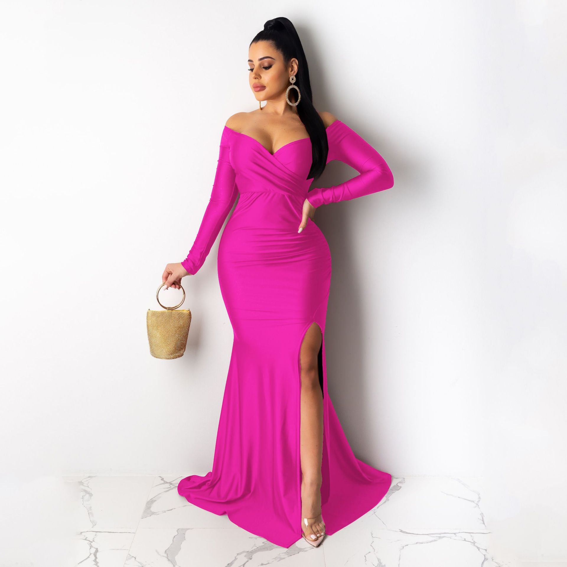 Women Sexy V-Neck Dress Solid Slit Long Sleeve Maxi Dress 19