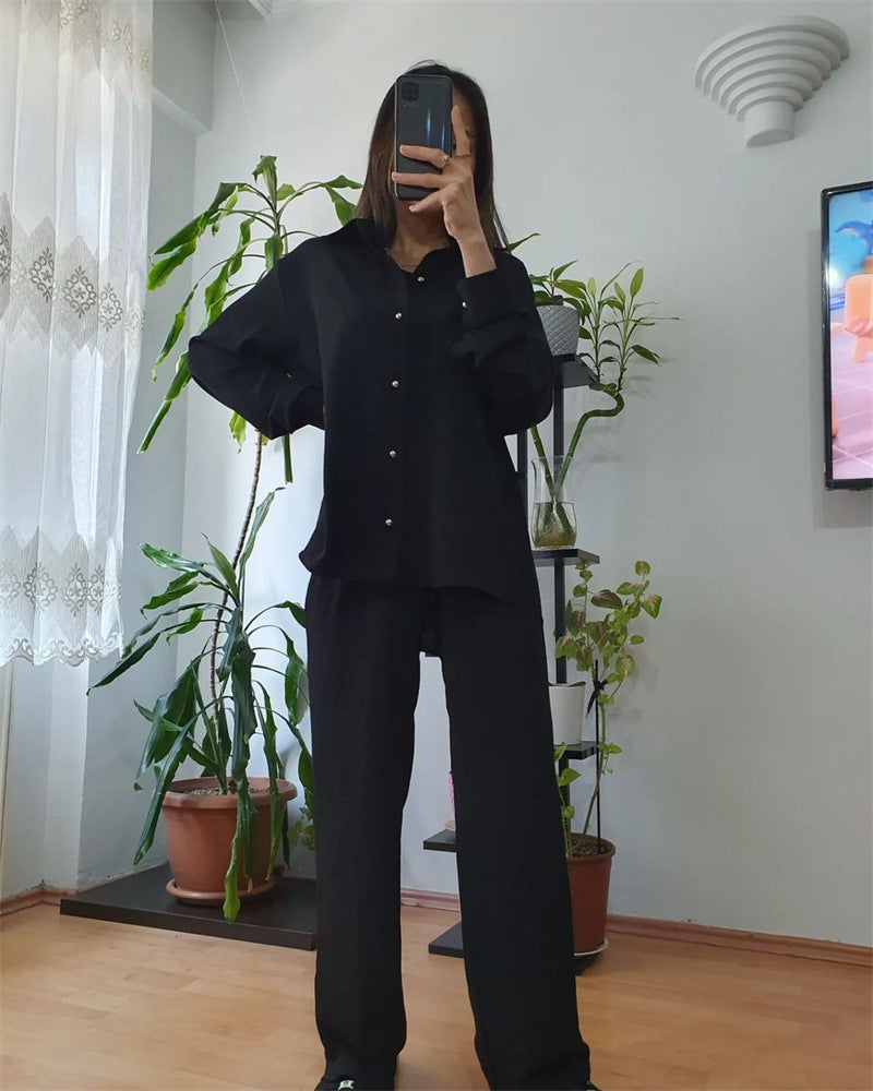 Women Solid Loose Top Casual Wide Leg Pants Two-piece Set