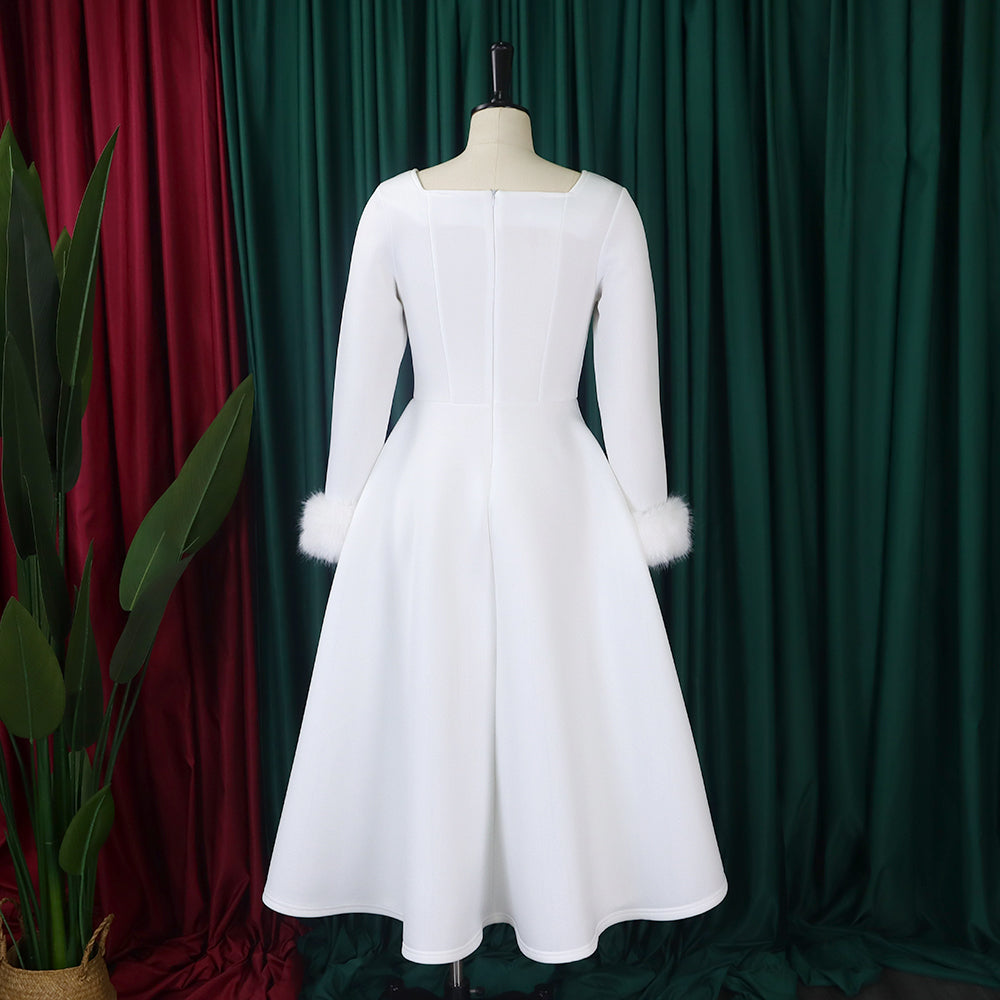 Winter Chic Elegant Fur Decorated Long Sleeve A-Line African Party Dress 34