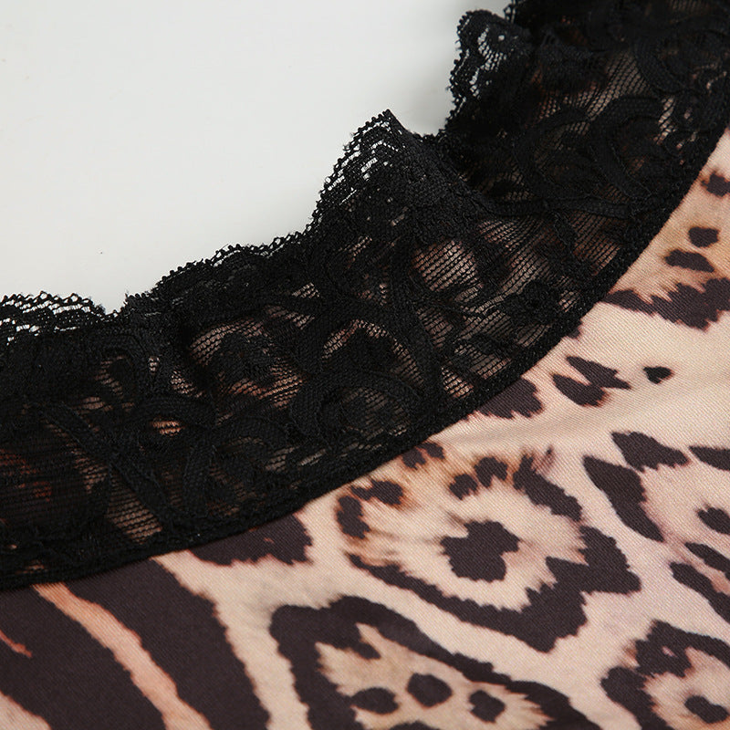 Women Leopard Lace Hollow Lace Sexy V-Neck T-Shirt Top 15