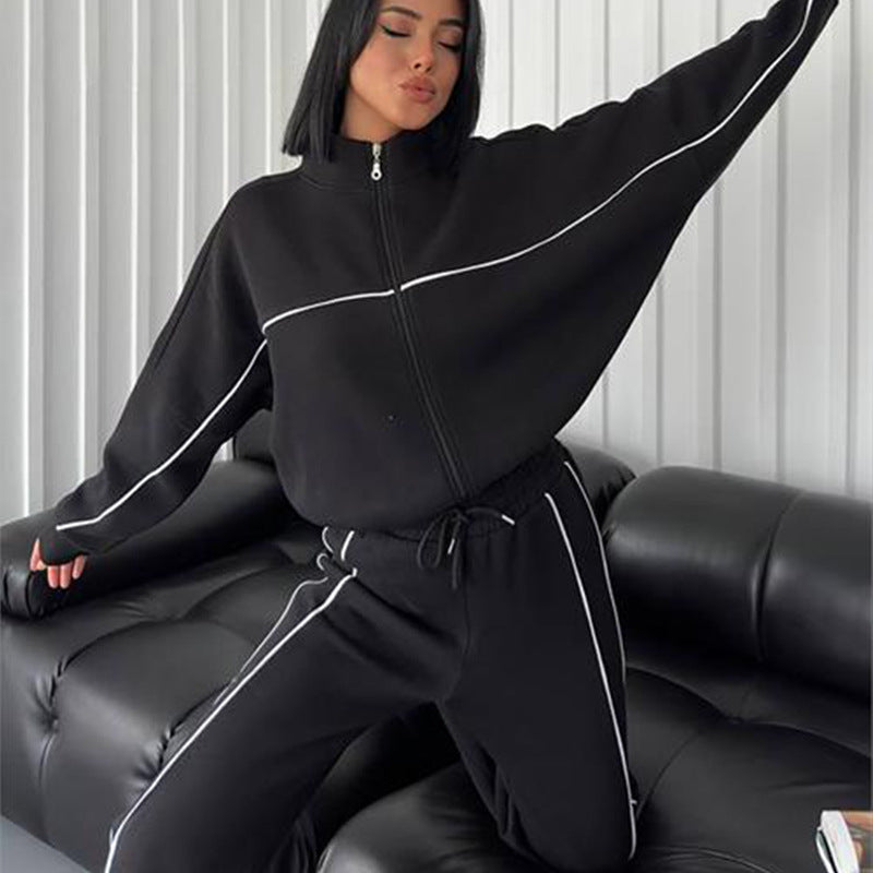 Casual Tracksuit Long Sleeve Turtleneck Zipper Long Sleeve Sports Top Striped Trousers 11