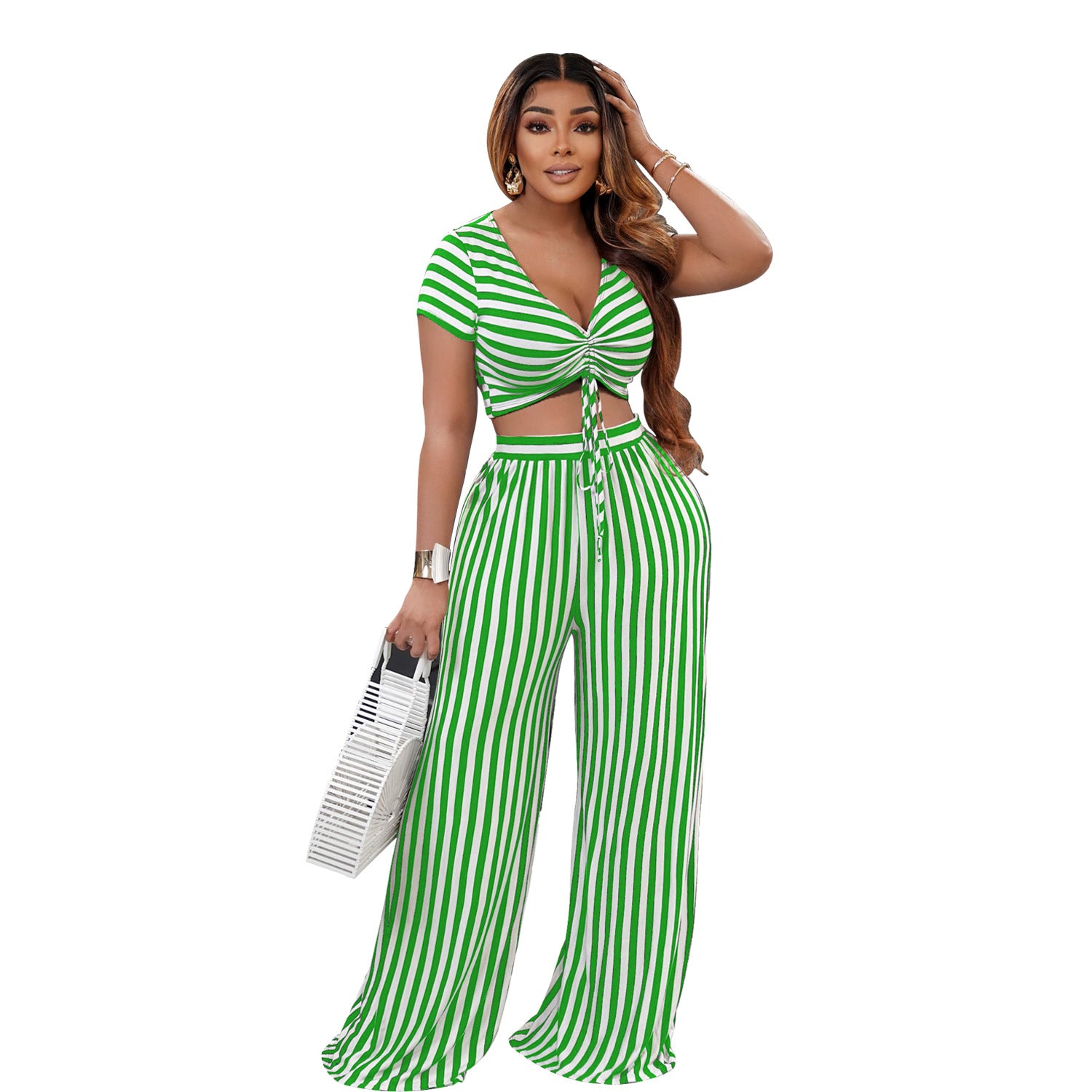 women's two-piece striped print two-piece short-sleeved v-neck loose spring and summer 4
