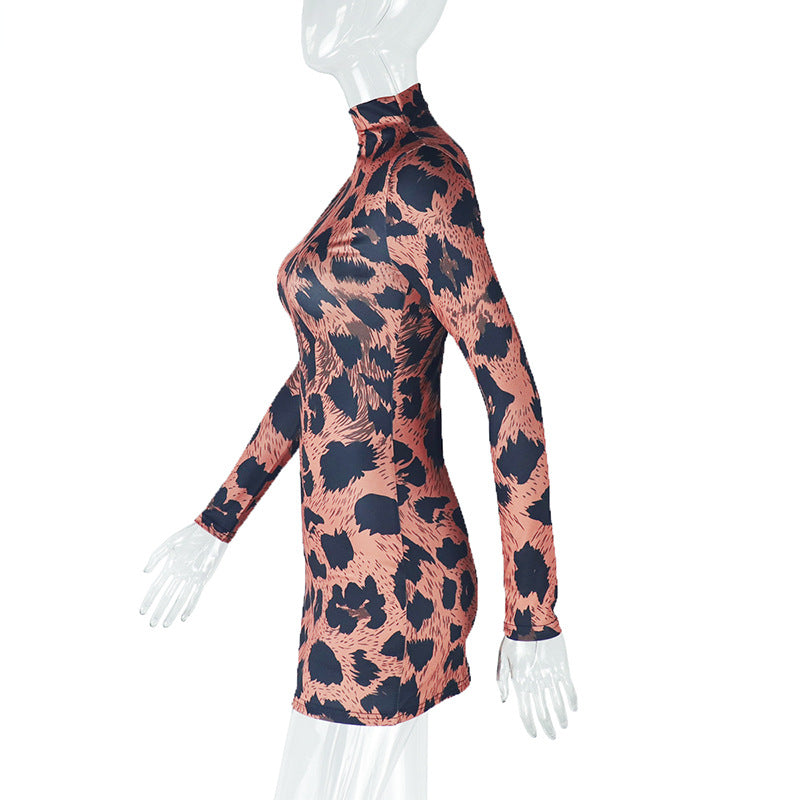 Women Elegant Printed Leopard Sexy Bodycon Stand Collar Long Sleeve Dress 7