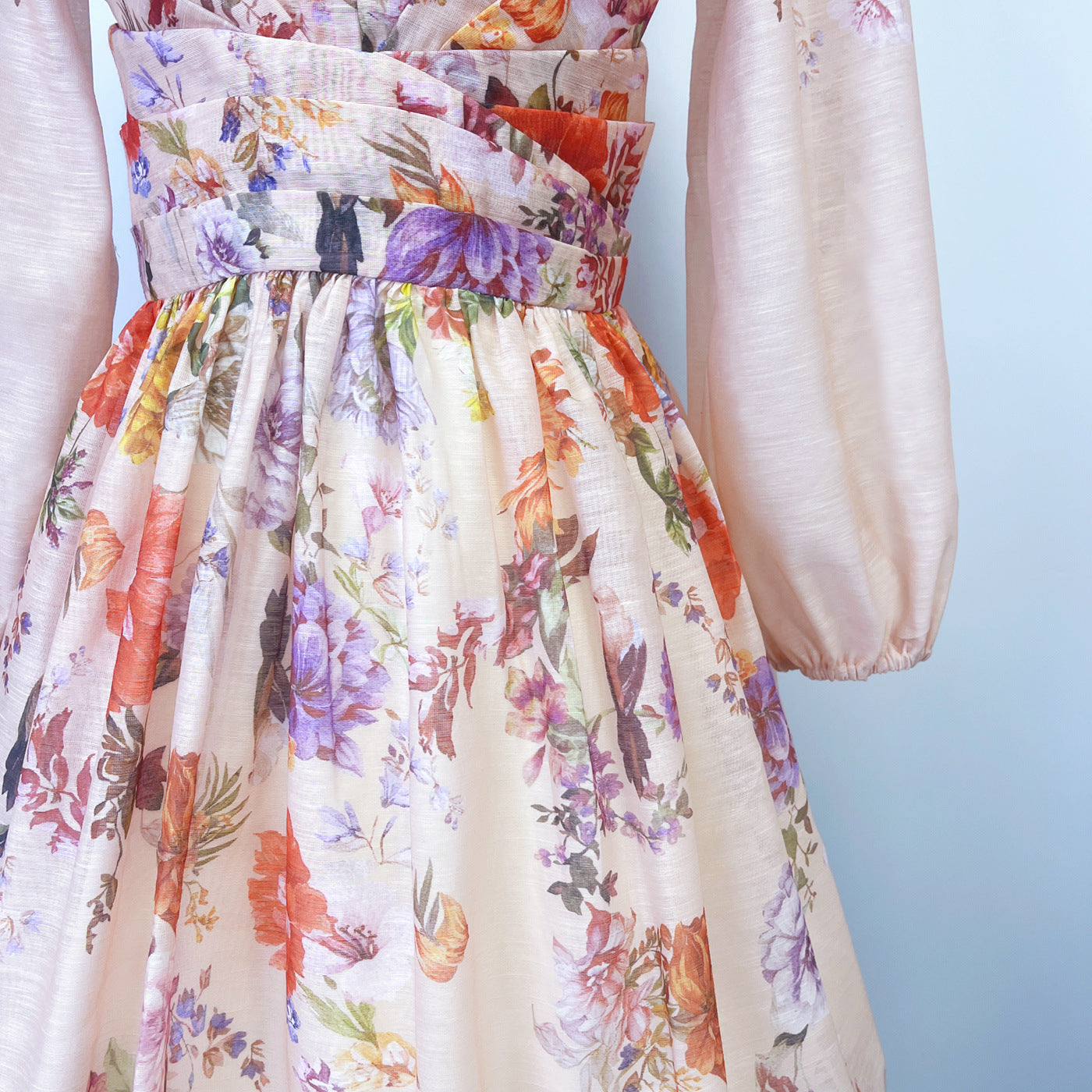 V neck Floral Print High Waist Pleated Holidays Short Dress for Women 12