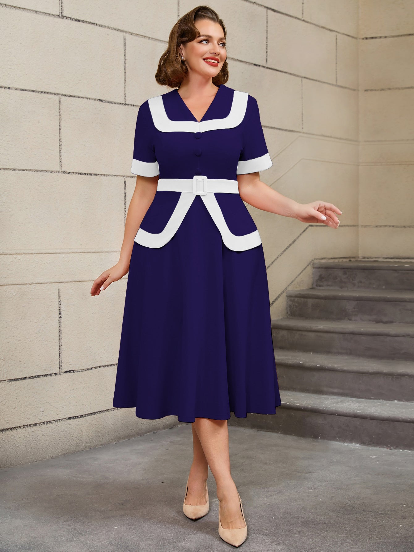 High-Waist Contrast Color A-Line Plus Size Formal Party Cocktail Dress 29