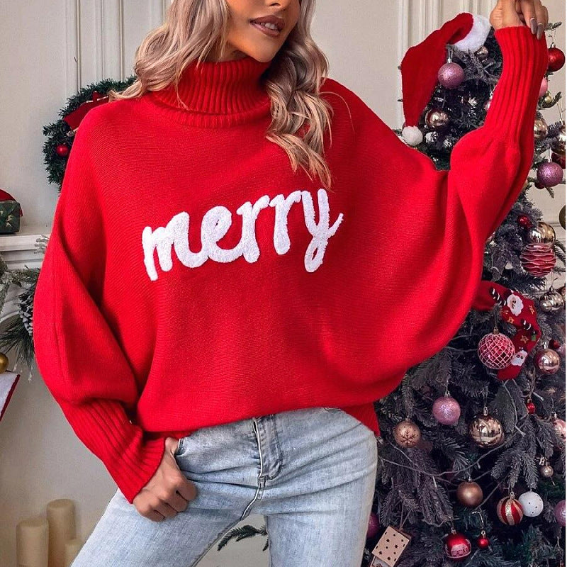 Christmas Turtleneck Women's Autumn And Winter Loose Bat Sleeves Outdoor Wear Knitting Shirt Sweatwear Tops For Women