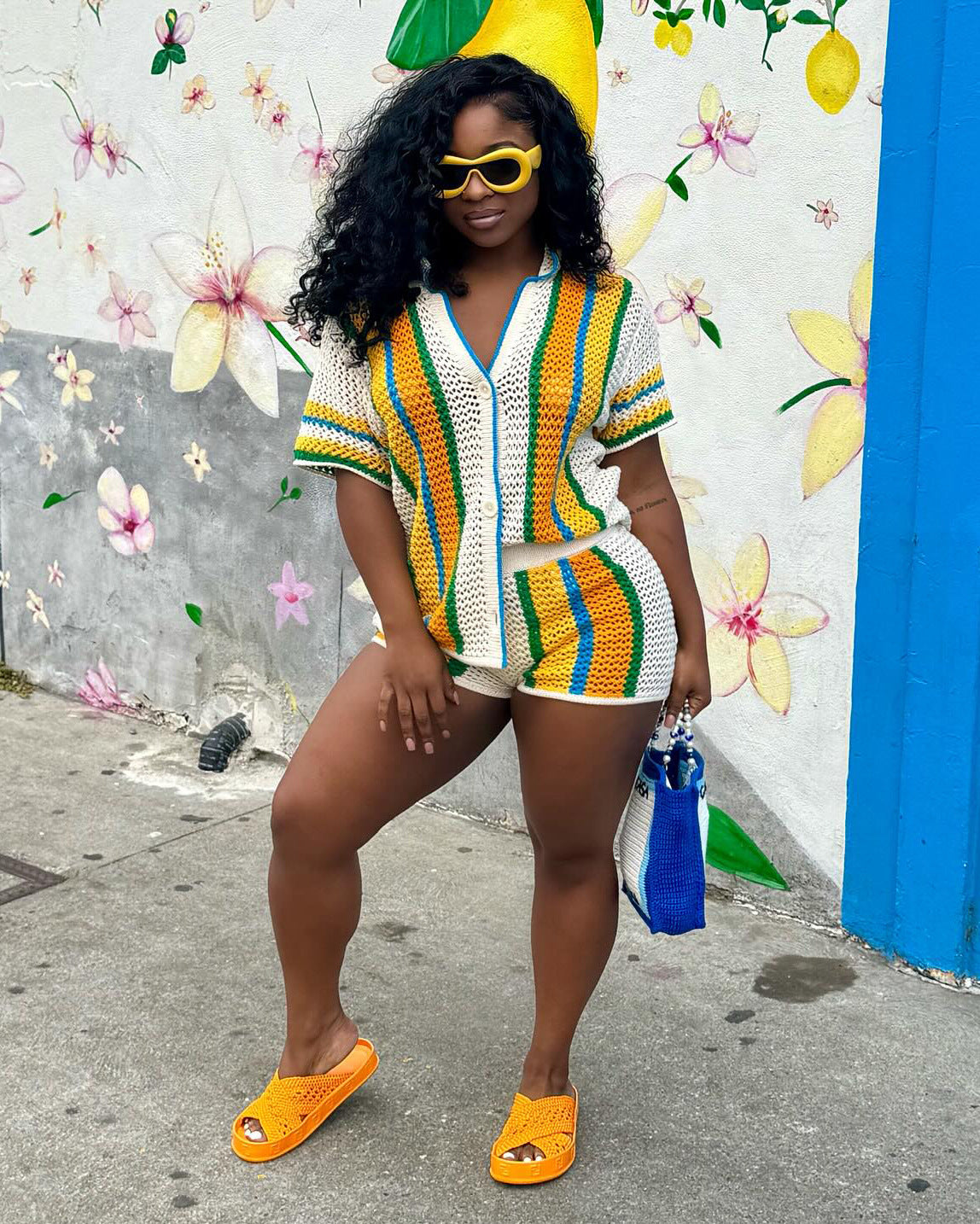 Women's Sexy Hollow Turn-Down Collar Knit Shorts Set