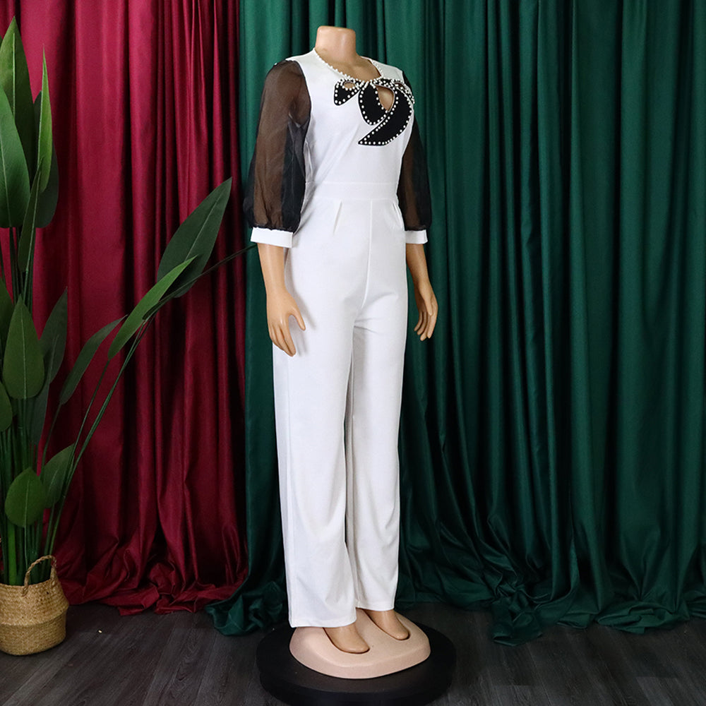 Women'S Summer Short Sleeve Puff Sleeve Beaded Sexy Wide Leg Slim Waist Plus Size Jumpsuit 17