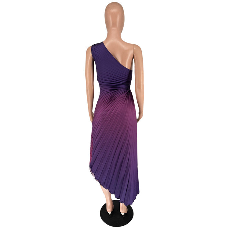 Women's Fashion Gradient Printed One Shoulder Pleated Maxi Dress 18