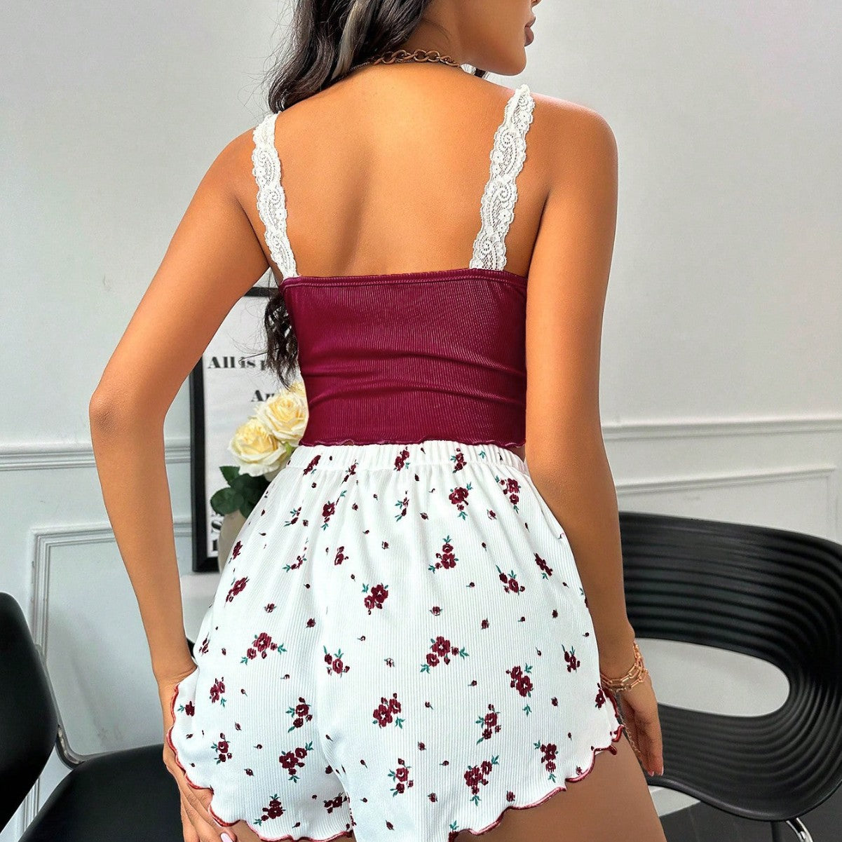 Floral Summer Strap Two Piece Shorts Set Home Clothes 3