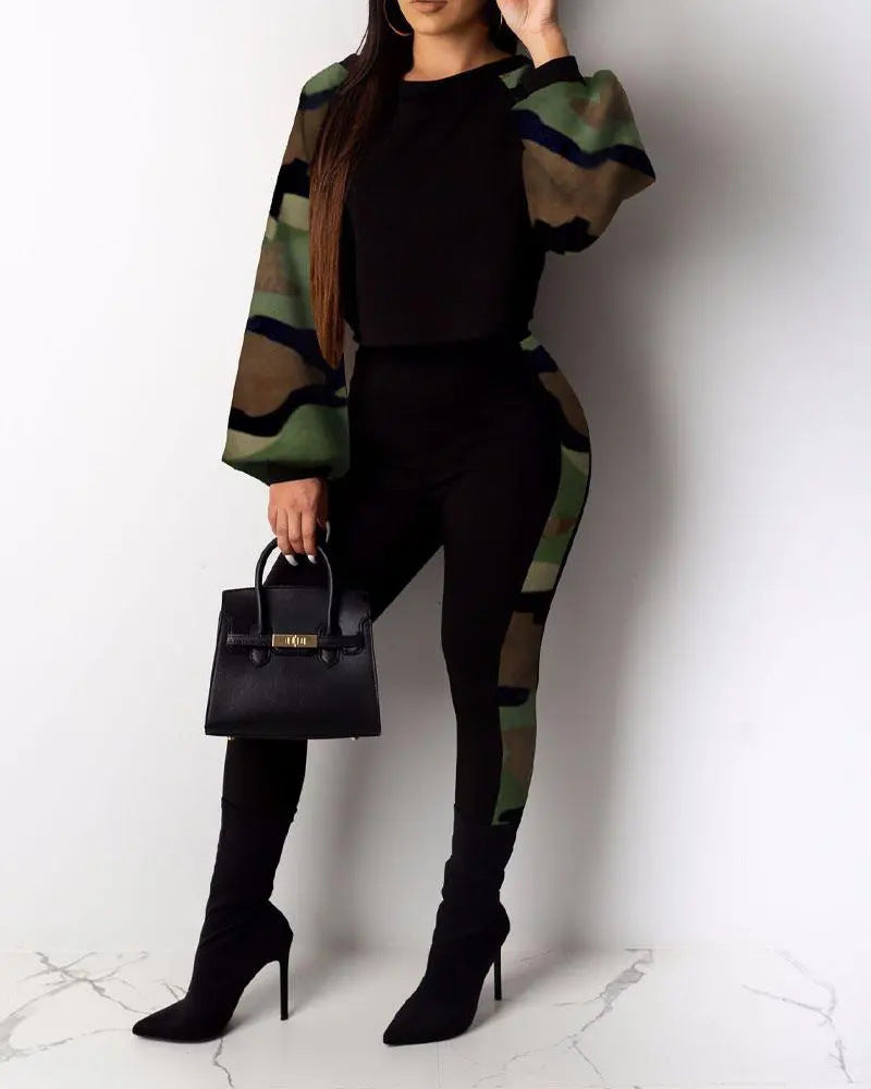 Women Long Sleeve Round Neck Print Off Shoulder Top and Pant Casual Two Piece Set 6