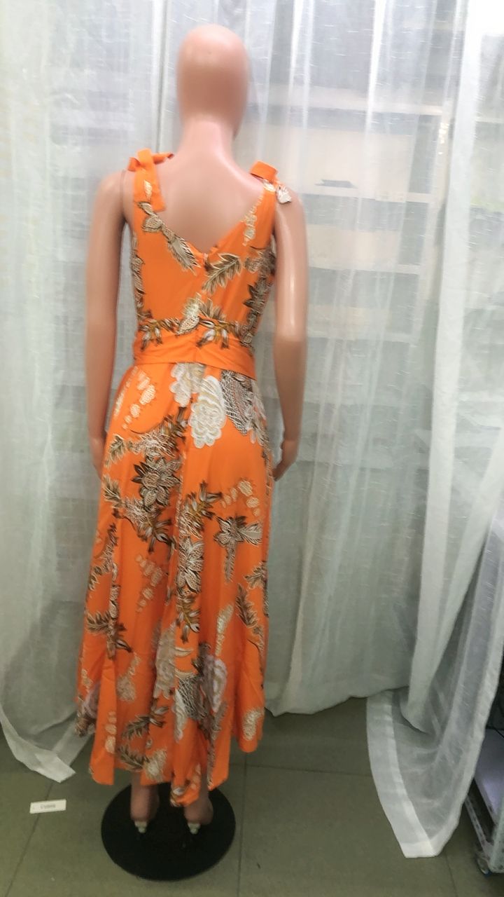 Women V-neck Sleeveless Print Belted Dress 5