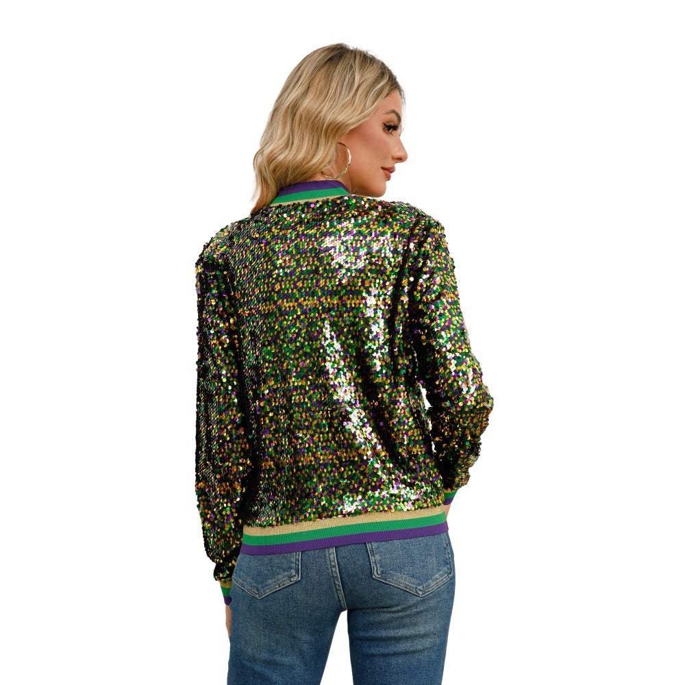 Color block sequin fashionable spring and autumn women's baseball jacket 6