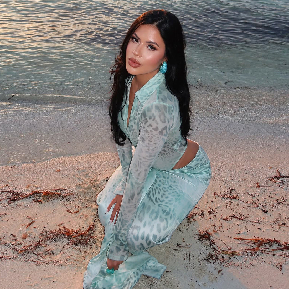 Women V-Neck Leopard Print Sexy Top and Long Skirt Two-Piece Set 5