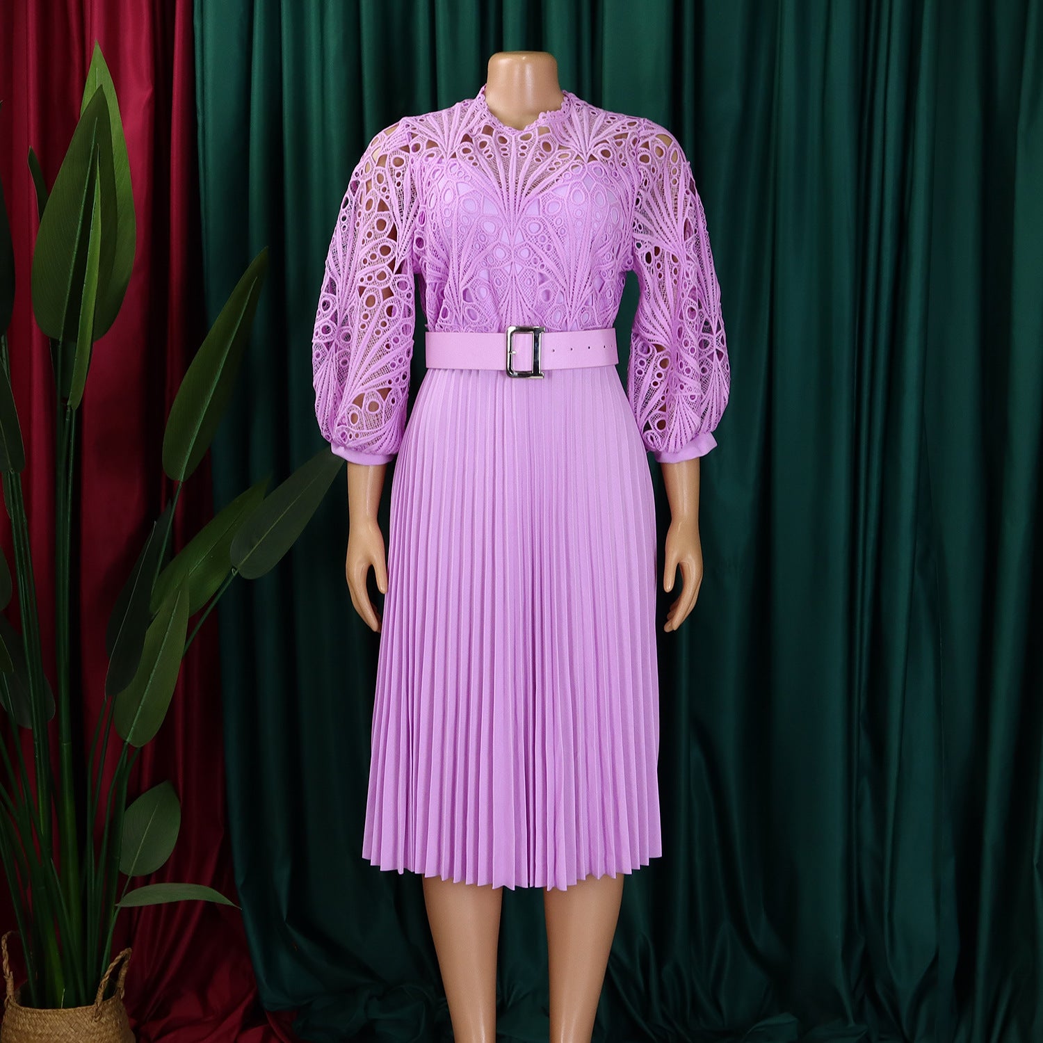 Women Solid lace hook flower hollow pleated dress 17