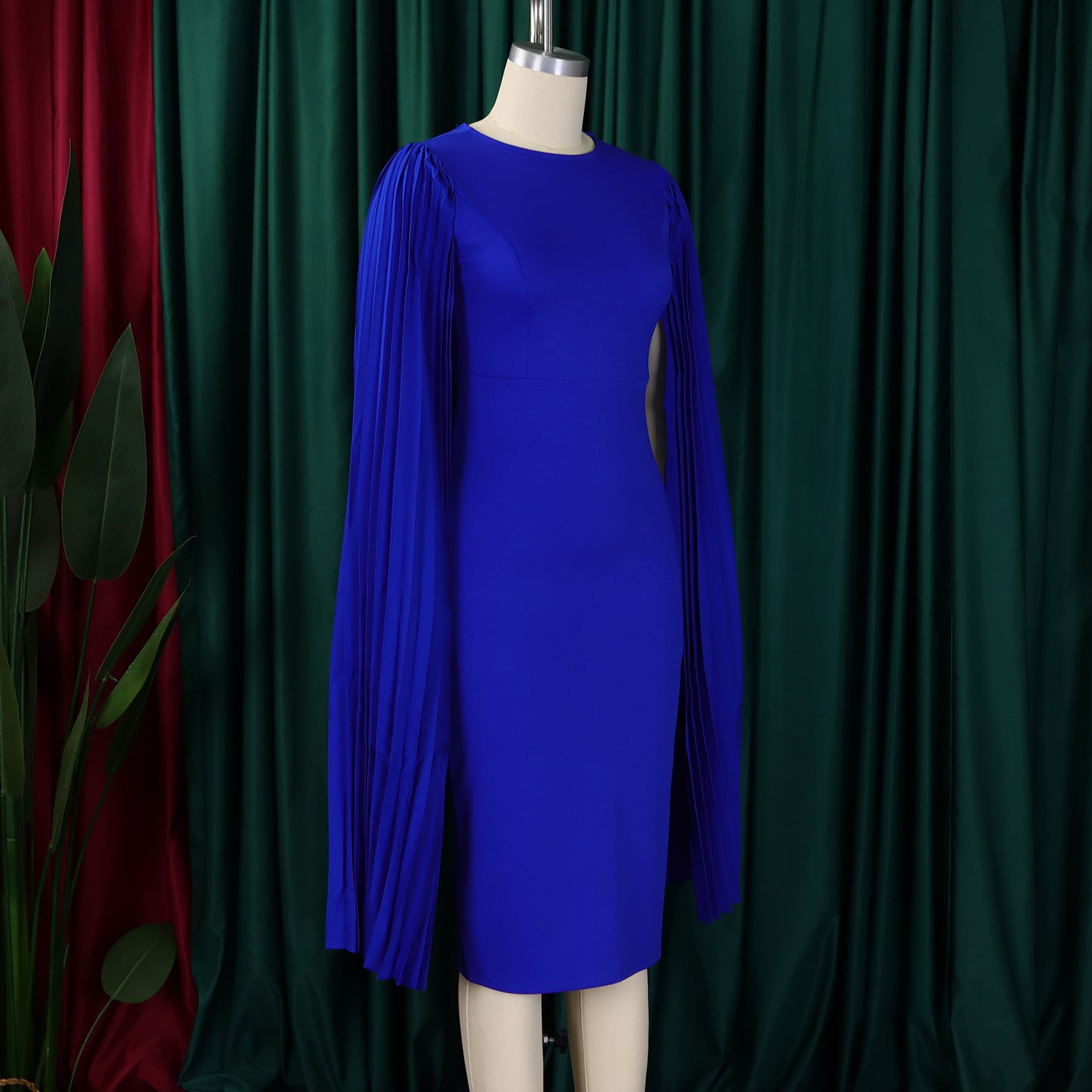 Women's Fashion Solid Color Round Neck Pleated Shawl Sleeve Formal Party Evening Dress 17