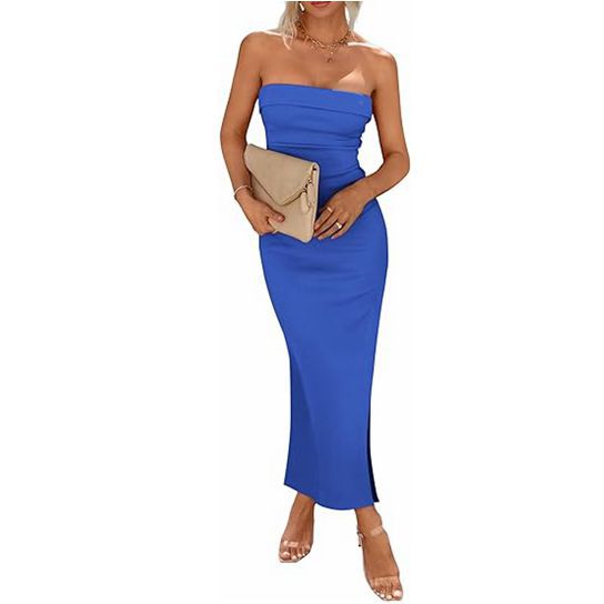 Women Side Slit Strapless Ribbed Dress 13