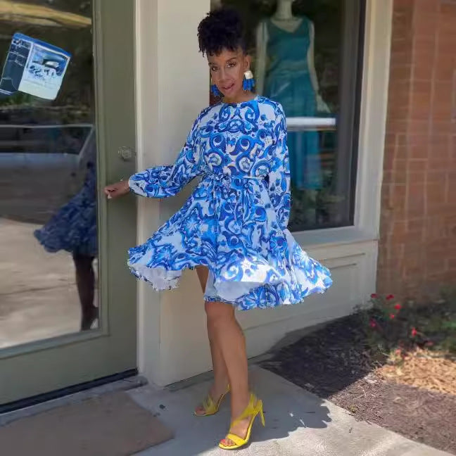 Women sexy print Lace-Up Loose Dress 3